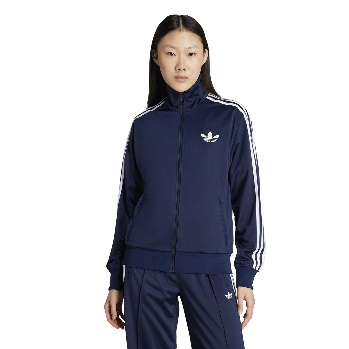 adidas Originals funnel-neck track jacket, dark indigo with trefoil logo and white stripes