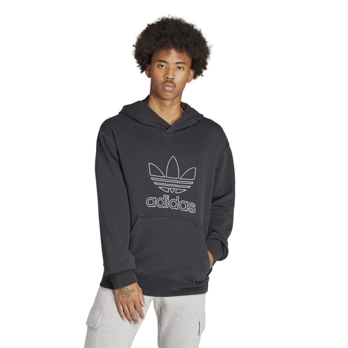 Black trefoil outline graphic hoodie with hood and kangaroo pocket, adidas logo