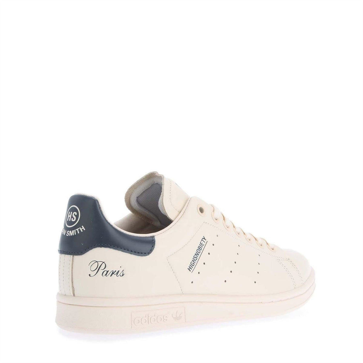 adidas Originals Smith Highsnobiety trainers with 'Paris' script, white leather and blue collar