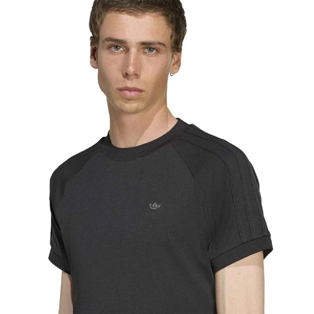 Black raglan crew-neck T-shirt close-up with small adidas Originals logo