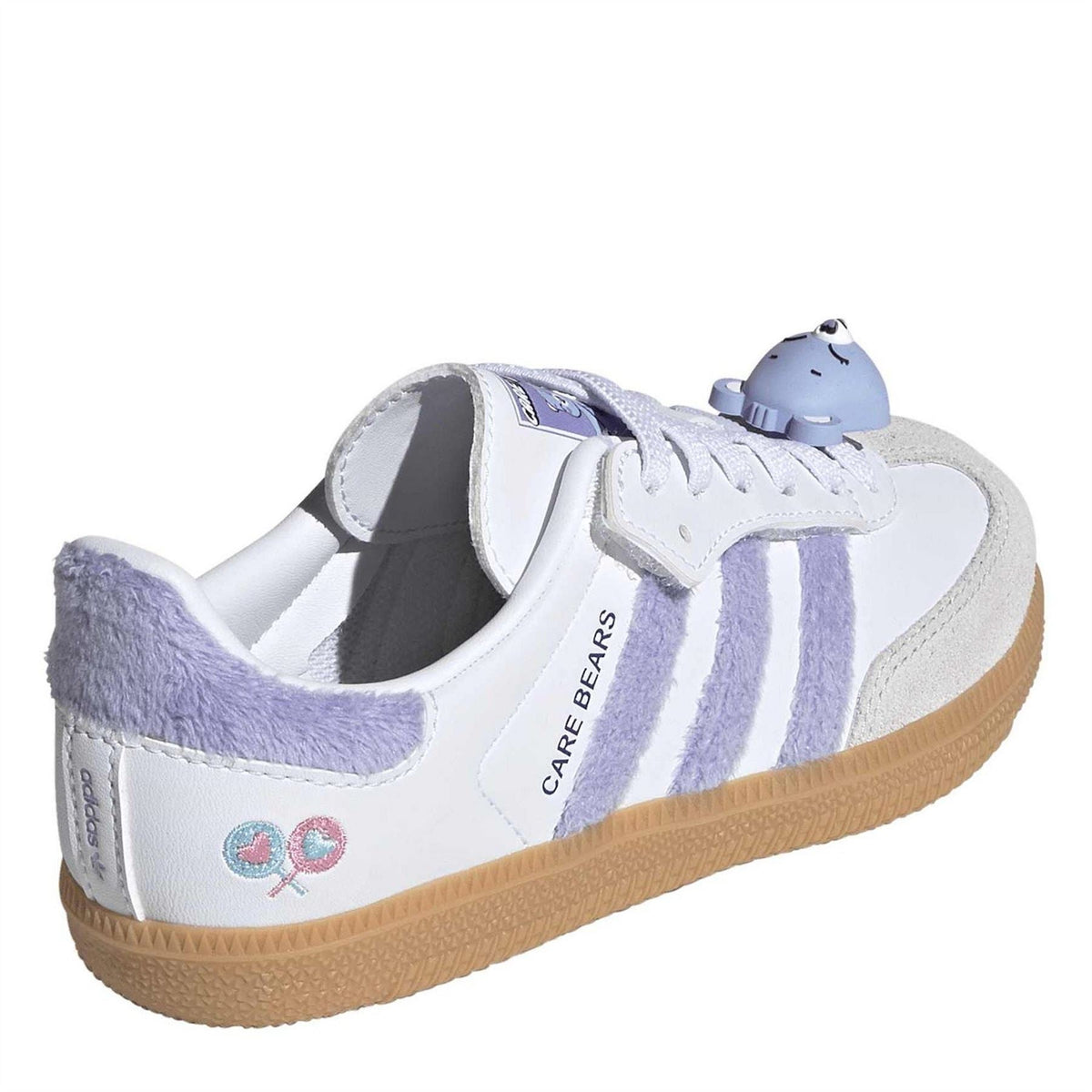 Kids' adidas Originals Samba-style sneakers, rear view with Care Bears graphics, gum sole