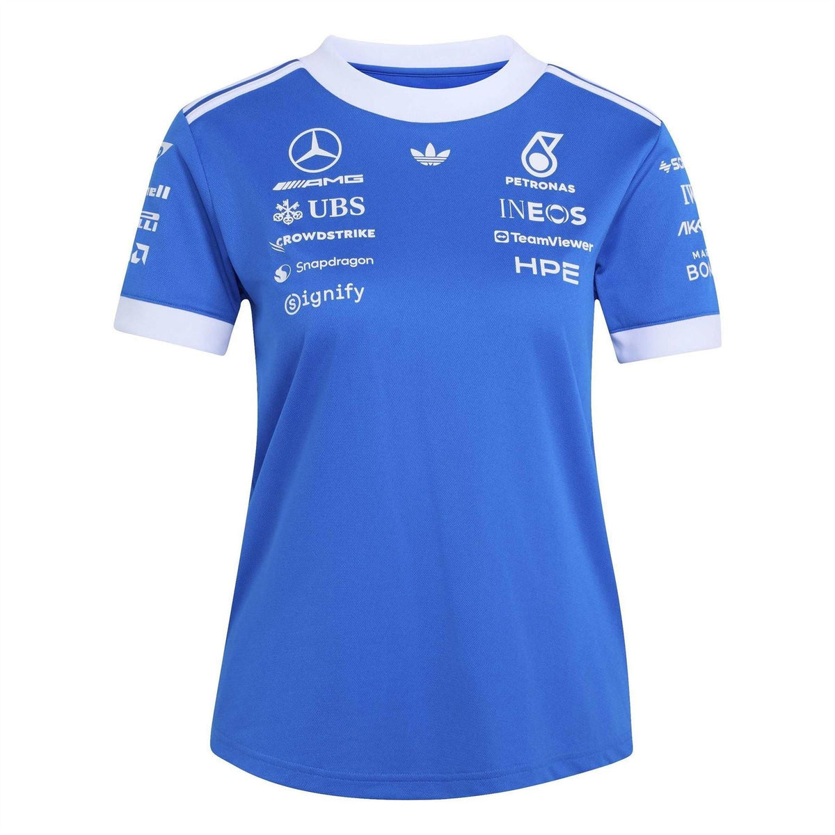 Blue crew-neck short-sleeve jersey with white trim and racing team logos