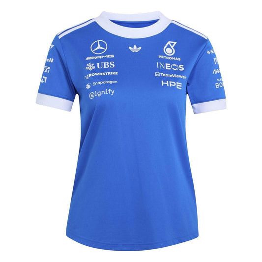 Blue crew-neck short-sleeve jersey with white trim and racing team logos