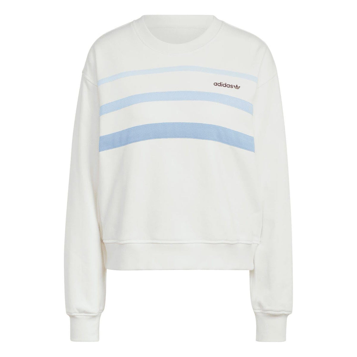 Off-white crewneck sweatshirt with blue horizontal stripes and adidas logo