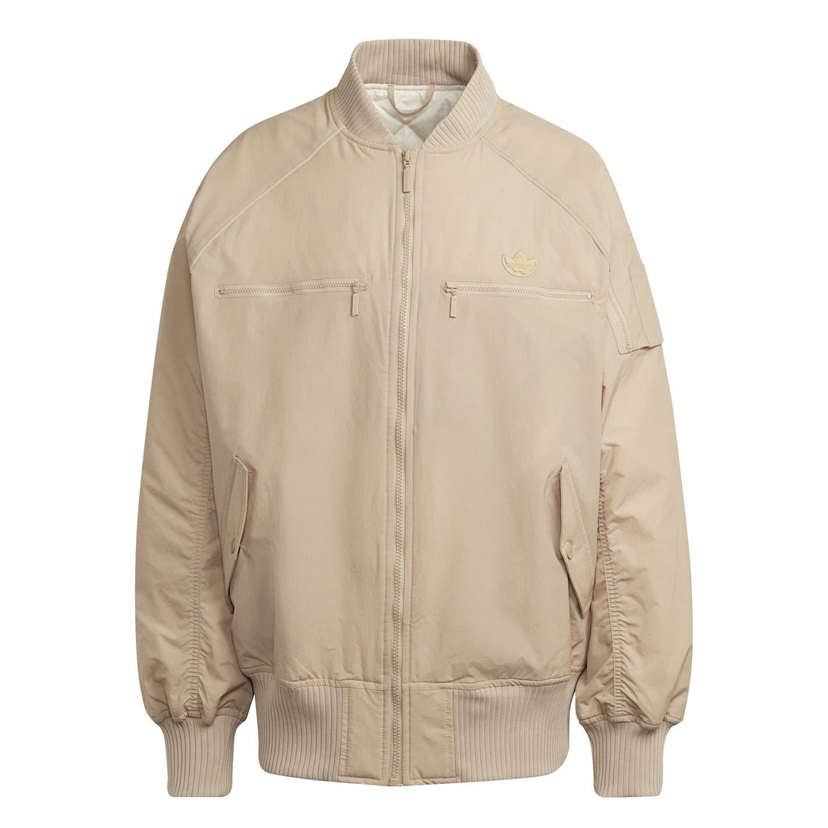 Beige bomber jacket with funnel neck, full zip, and flap chest pockets.
