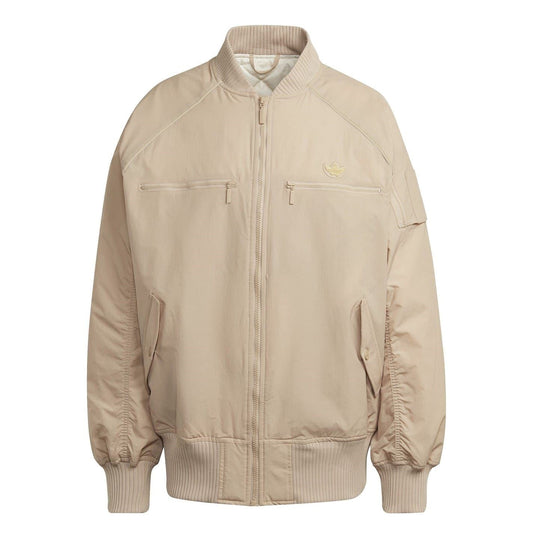 Beige bomber jacket with funnel neck, full zip, and flap chest pockets.