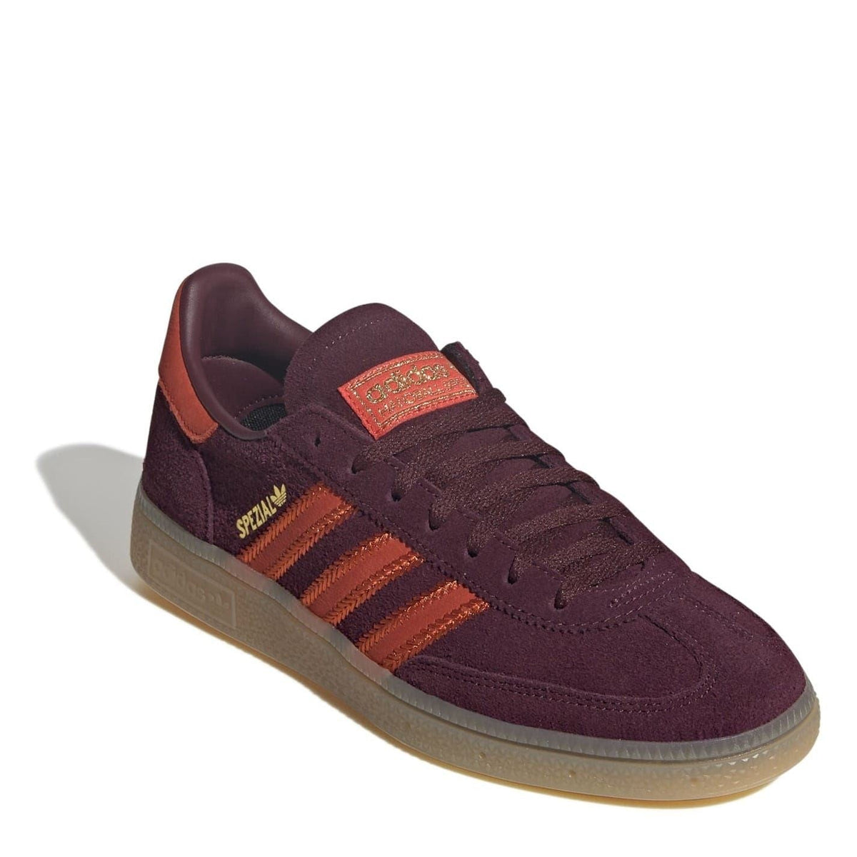 Women’s suede low-top sneakers, burgundy with orange stripe detailing