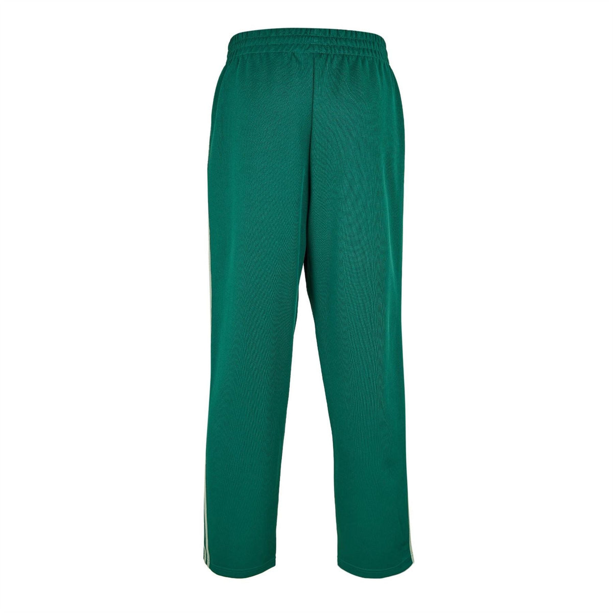 Green track pants with elastic waist, tapered leg, subtle adidas logo detail