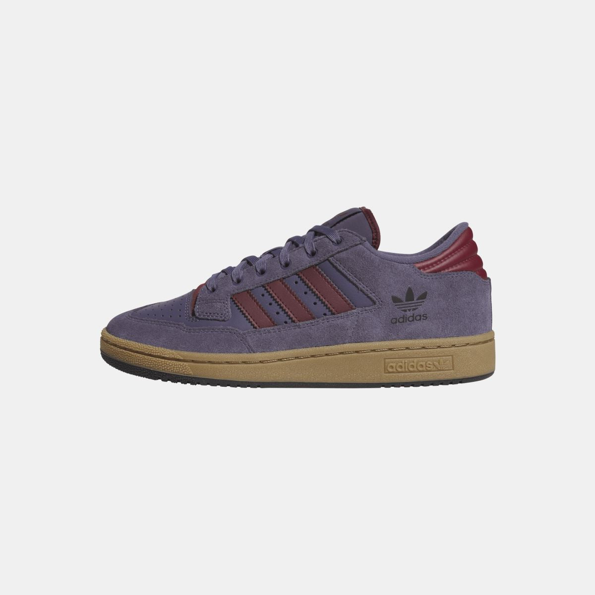 Violet suede adidas Originals low-top sneaker, side view with three-tone stripes
