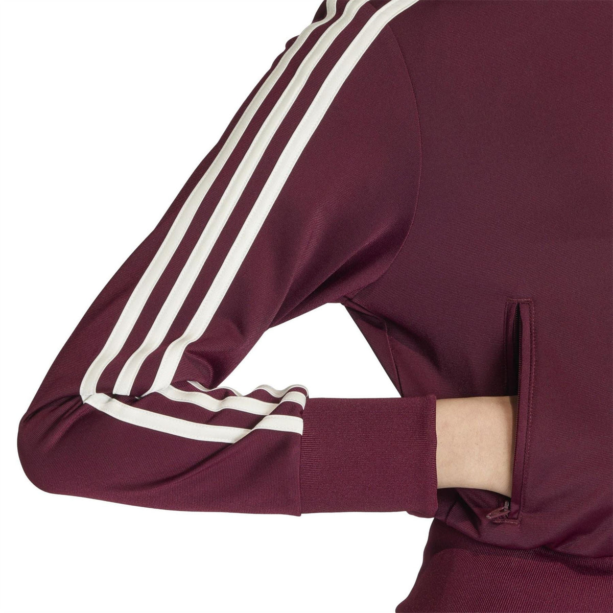Maroon zip-up track jacket top with white triple stripes and stand collar