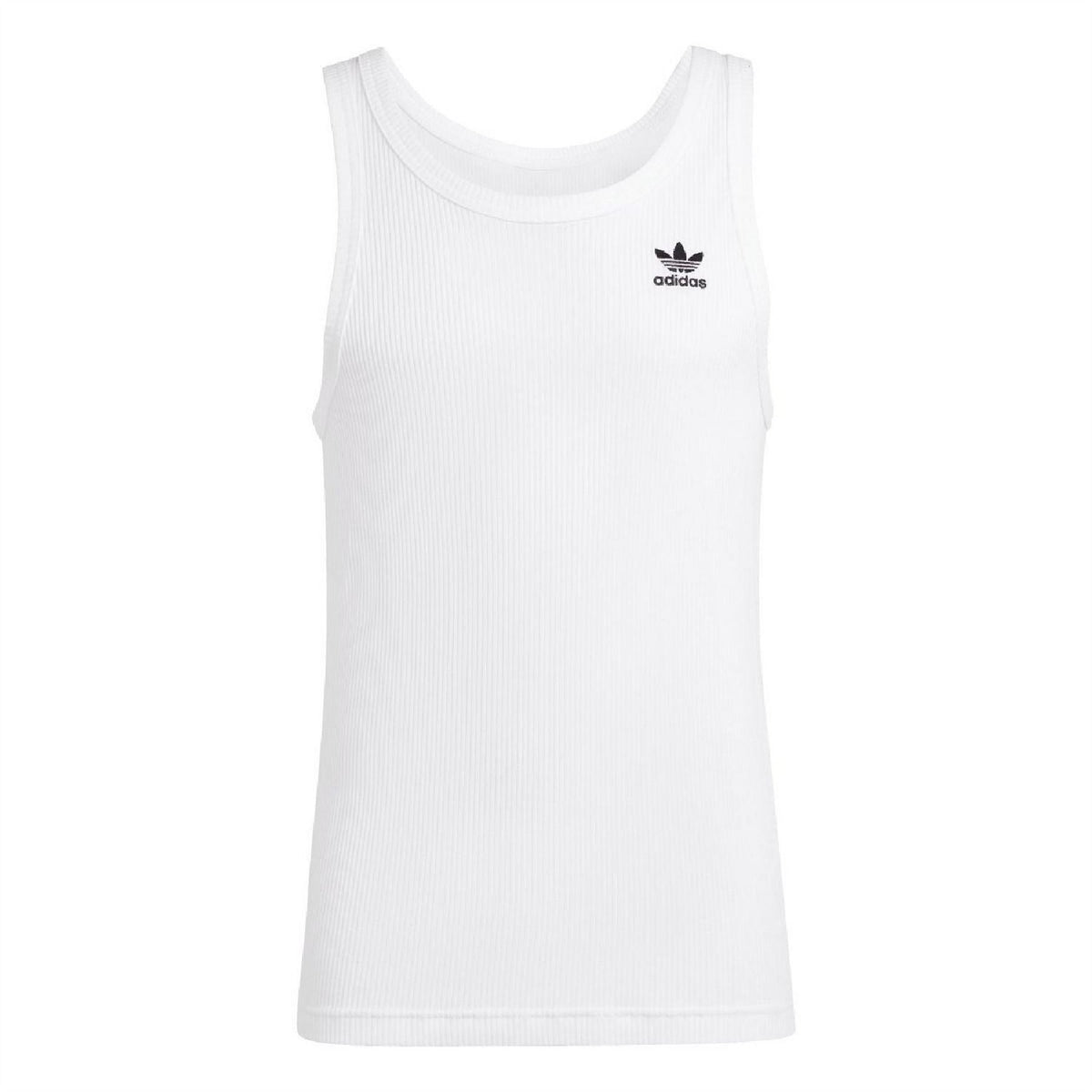 White sleeveless scoop-neck tank top with adidas logo on the chest