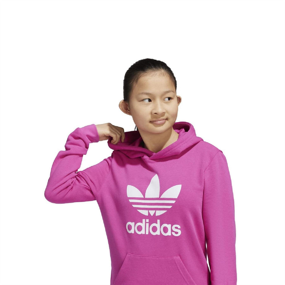 Pink adidas Trefoil hoodie with white trefoil graphic on chest