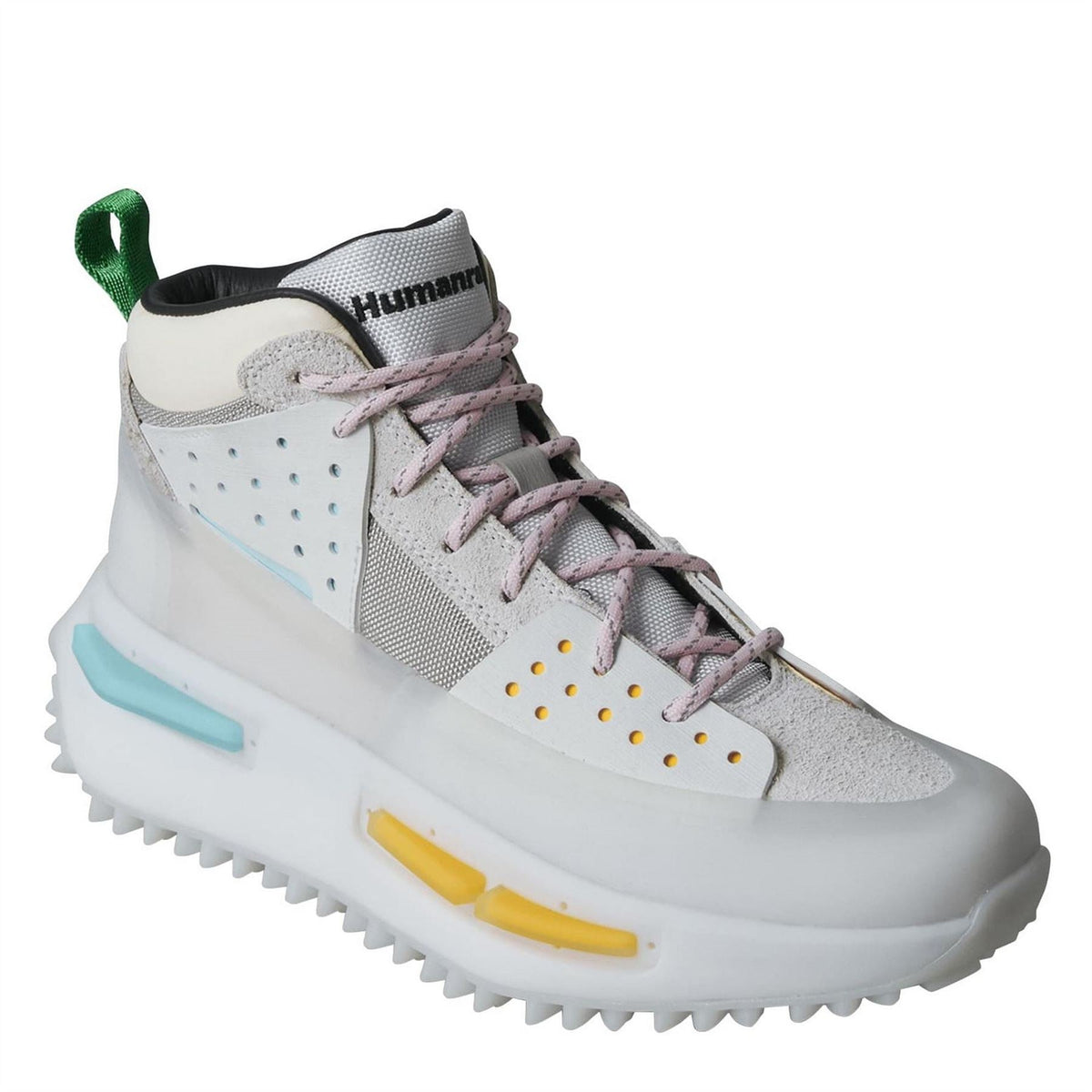 White high-top sneaker with 'Human' heel pull, multicolor eyelets, and chunky lugs.