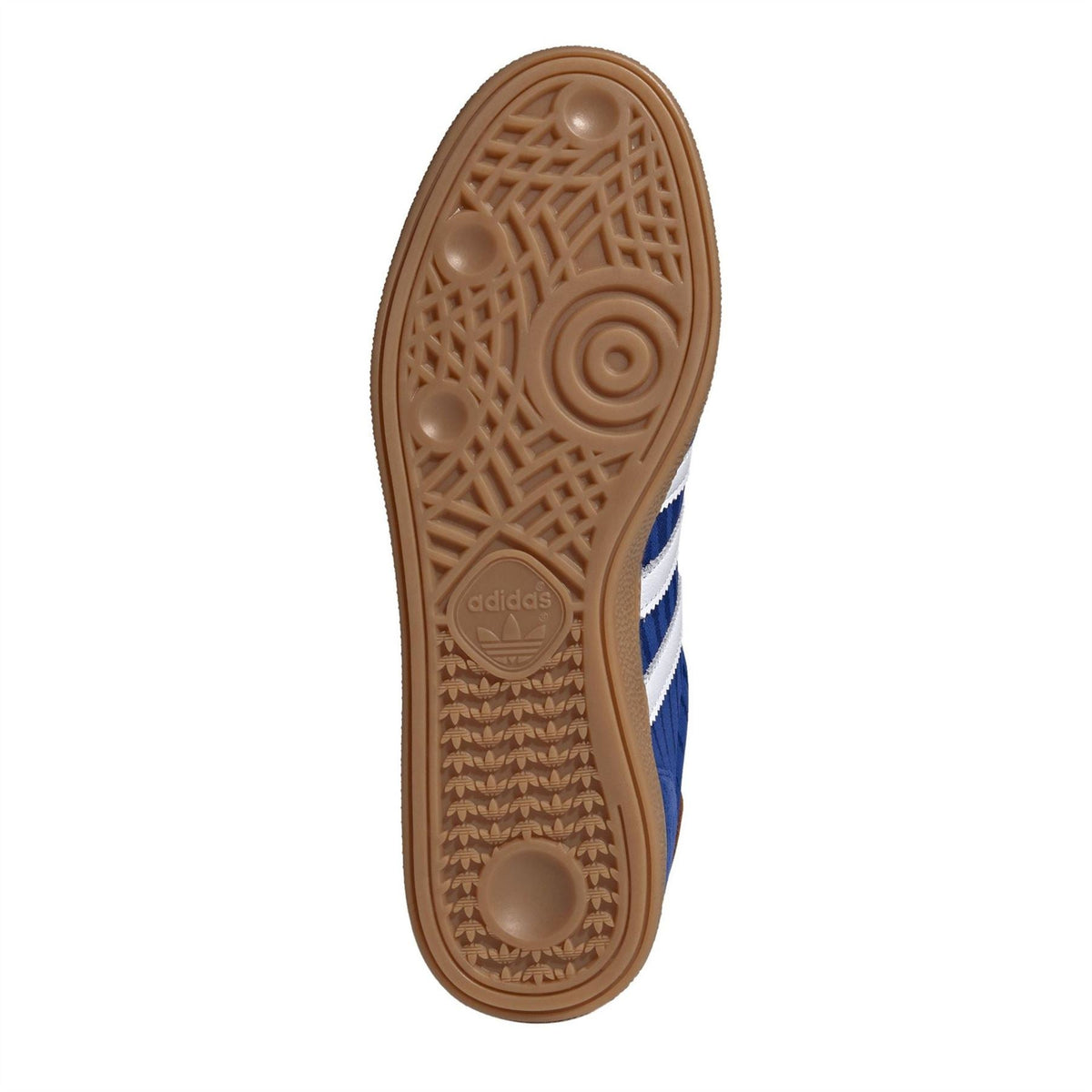 Gum rubber outsole for blue low-top trainers, adidas logo on tread