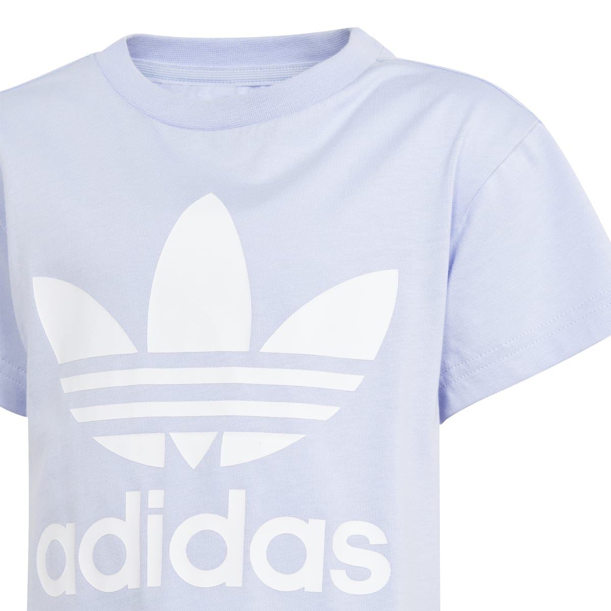 Kids light lavender adidas Trefoil logo t-shirt chest graphic close-up