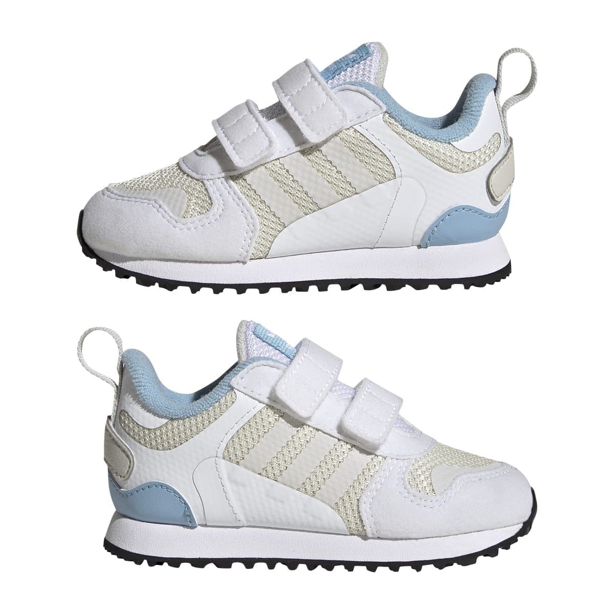 Pair of infant white and light-blue Velcro trainers with beige stripes and grippy outsole