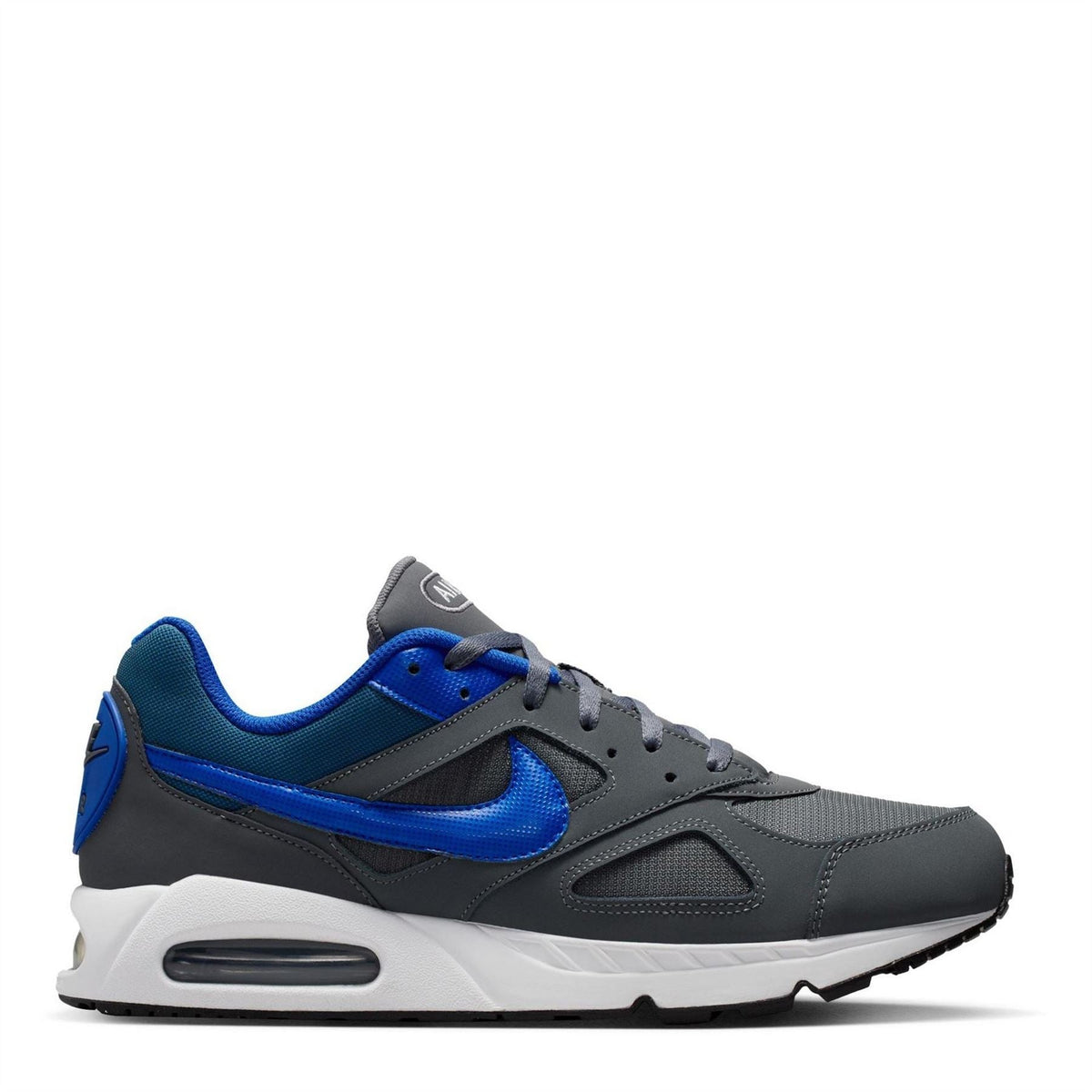 Grey and blue Nike Air Max trainers with blue swoosh and air-cushion sole