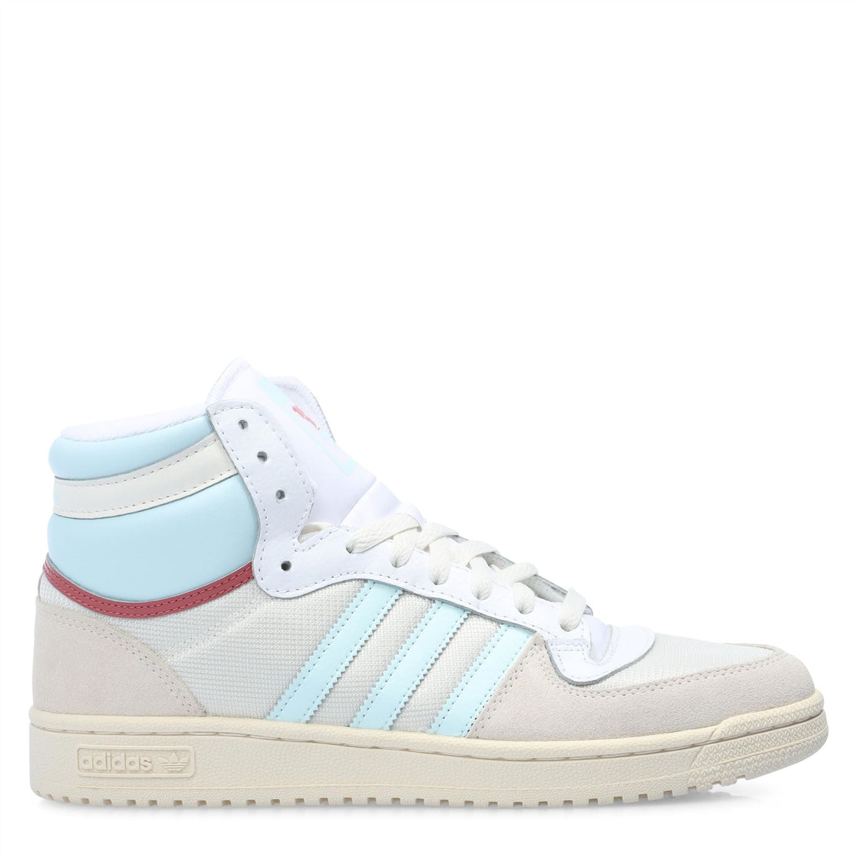 White and light blue high-top trainers with three stripe side and lace-up front