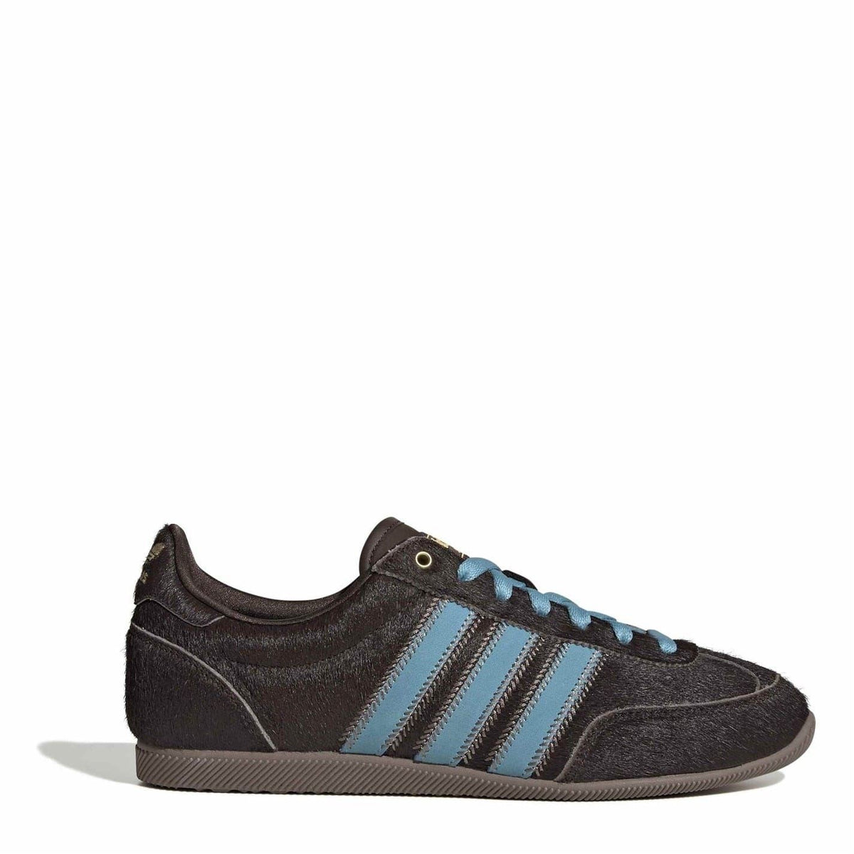 adidas Originals Japan sneakers, dark brown suede with light blue stripes and blue laces