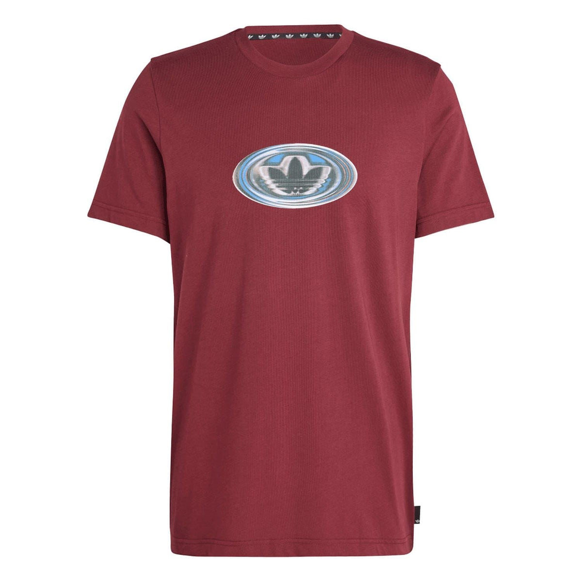 Maroon crew-neck T-shirt with large circular logo graphic on chest