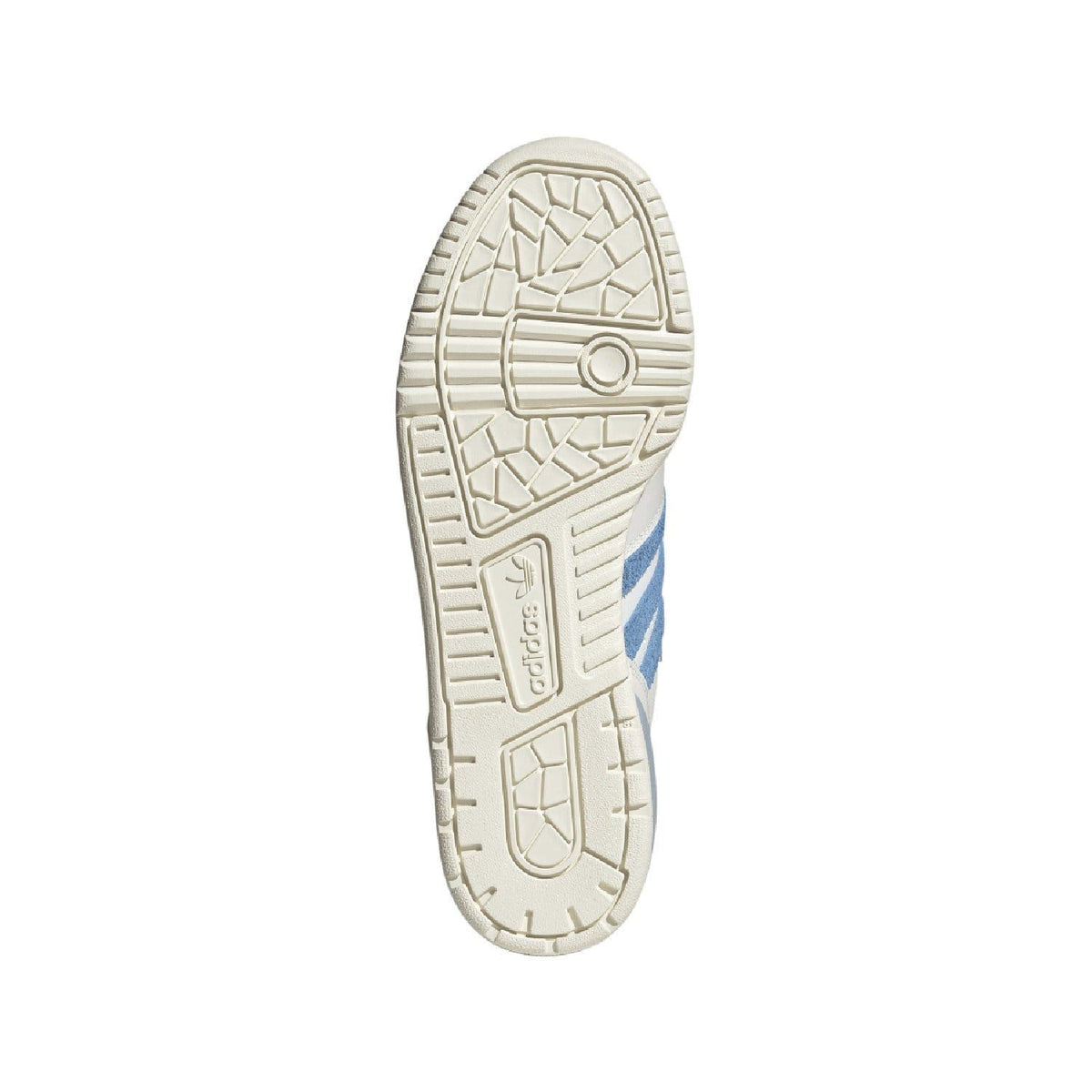 White rubber outsole with tread pattern and adidas branding on heel