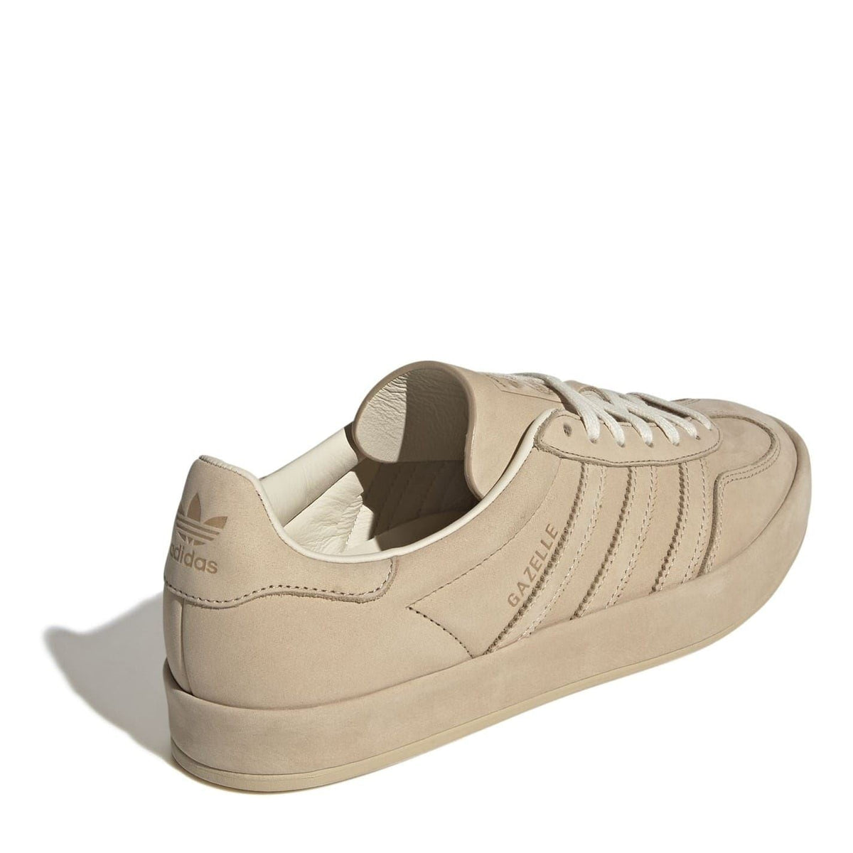 Beige suede lace-up low-top sneakers, back heel with adidas and Gazelle tags