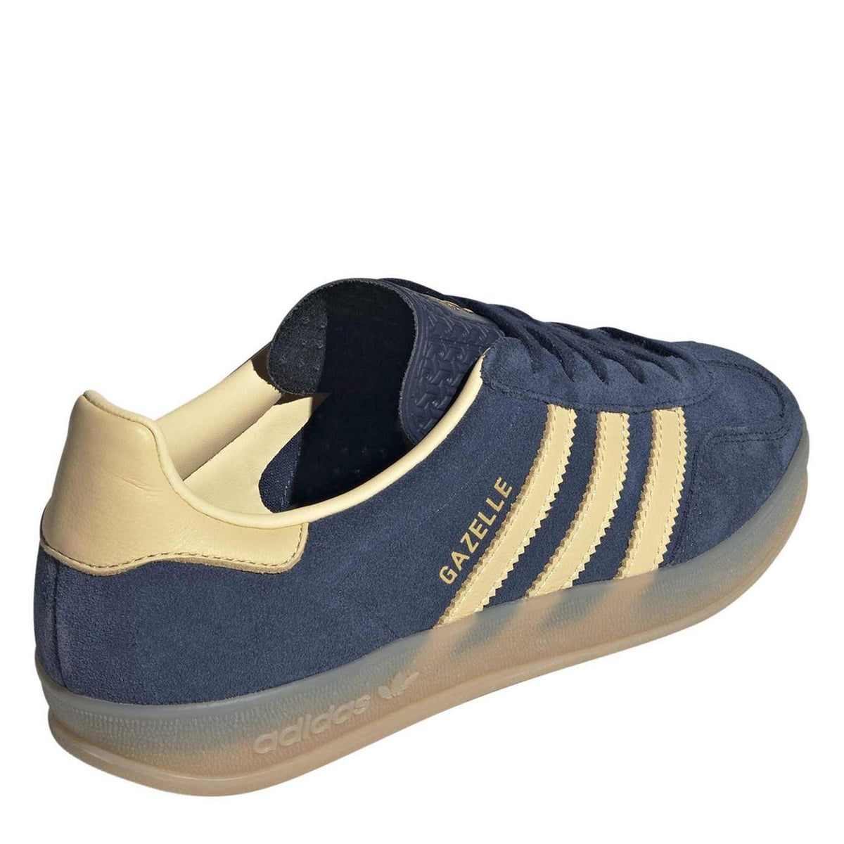 Navy adidas Gazelle sneakers from behind, gold collar tab and cushioned heel interior