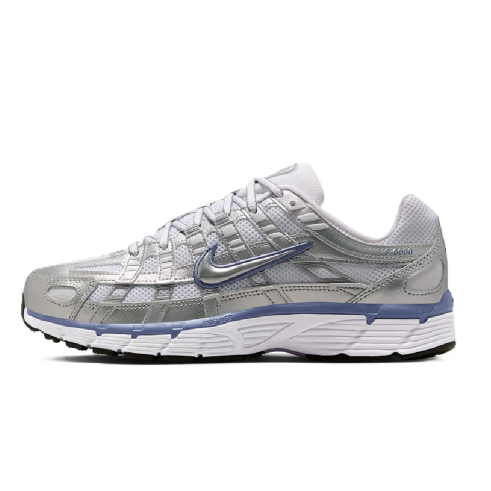 Women's Nike P-6000 metallic silver running shoes, blue Swoosh and midsole