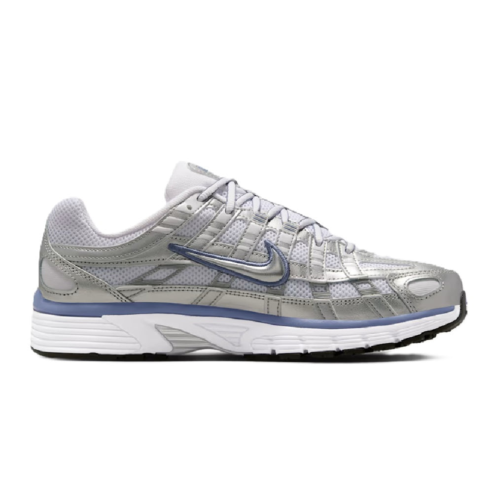 Women's Nike P-6000 metallic silver running shoes, side view with blue accents