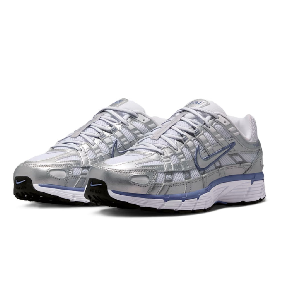 Women's Nike P-6000 metallic silver running shoes, front angle with blue detailing