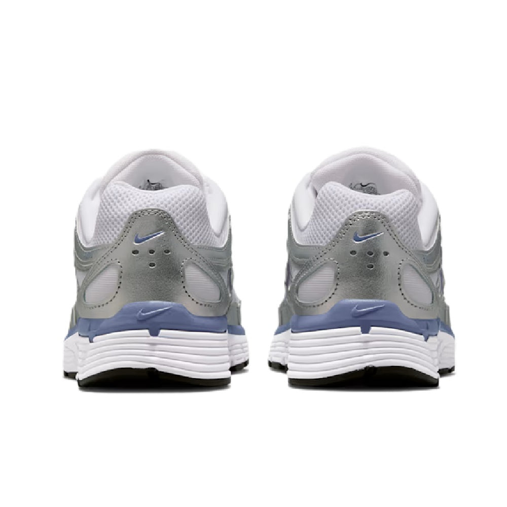 Women's Nike P-6000 metallic silver running shoes, rear view with blue heel stripe