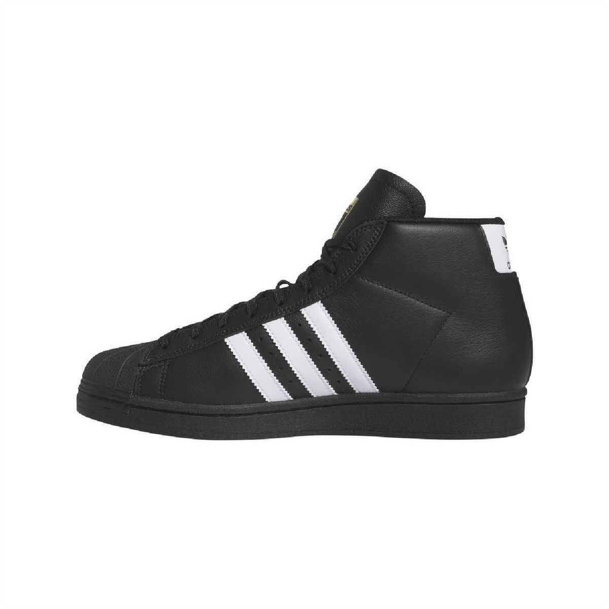 Black mid-top lace-up sneaker with white three-stripe side panel and padded collar
