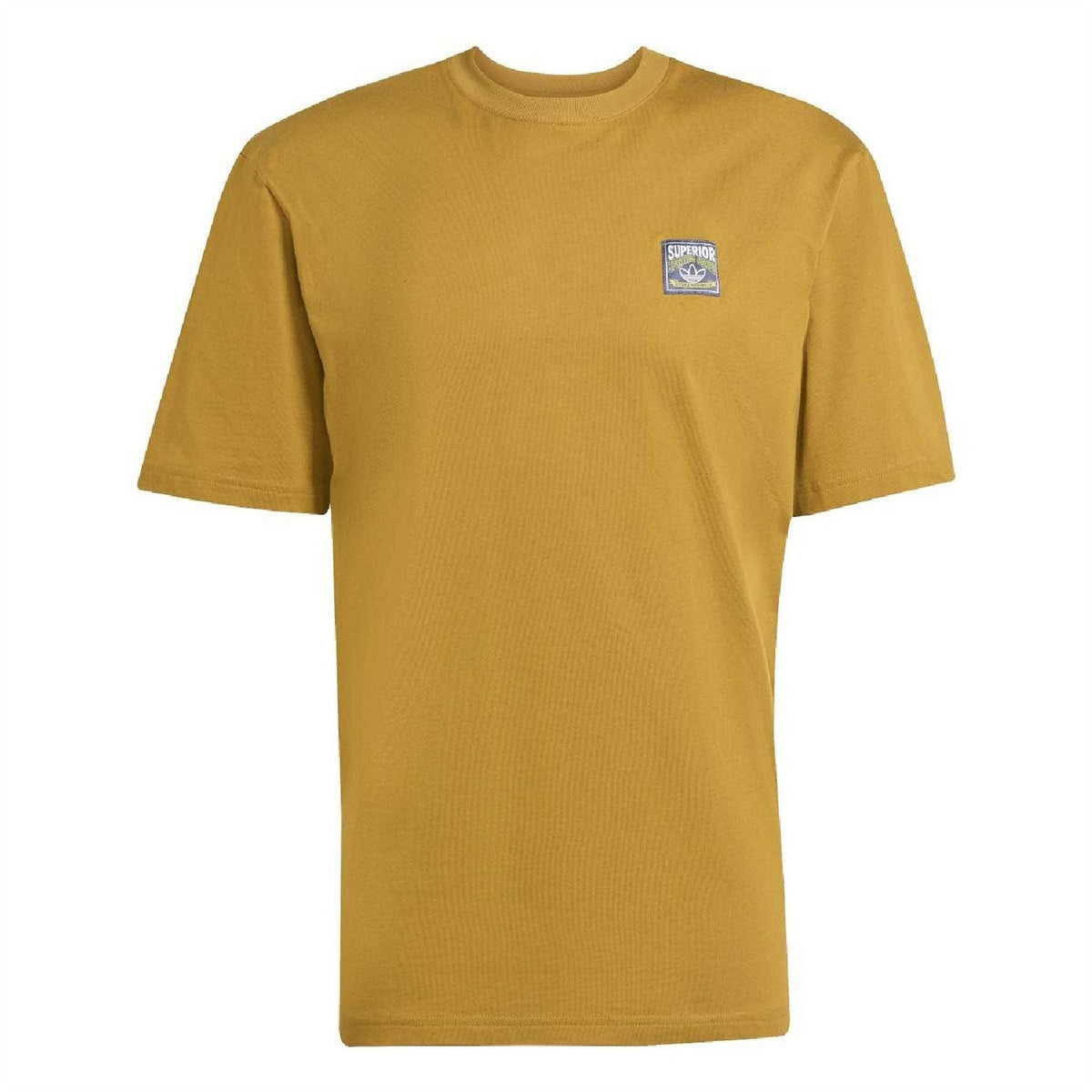 Mustard-gold crew neck short sleeve T-shirt with small chest logo patch