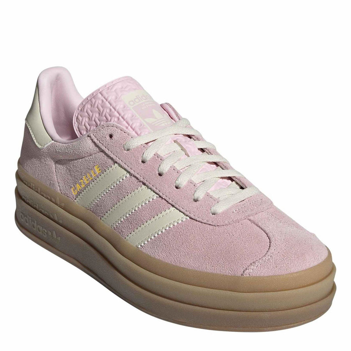 Pink suede adidas Gazelle Bold trainers with textured collar, lace-up and gum sole