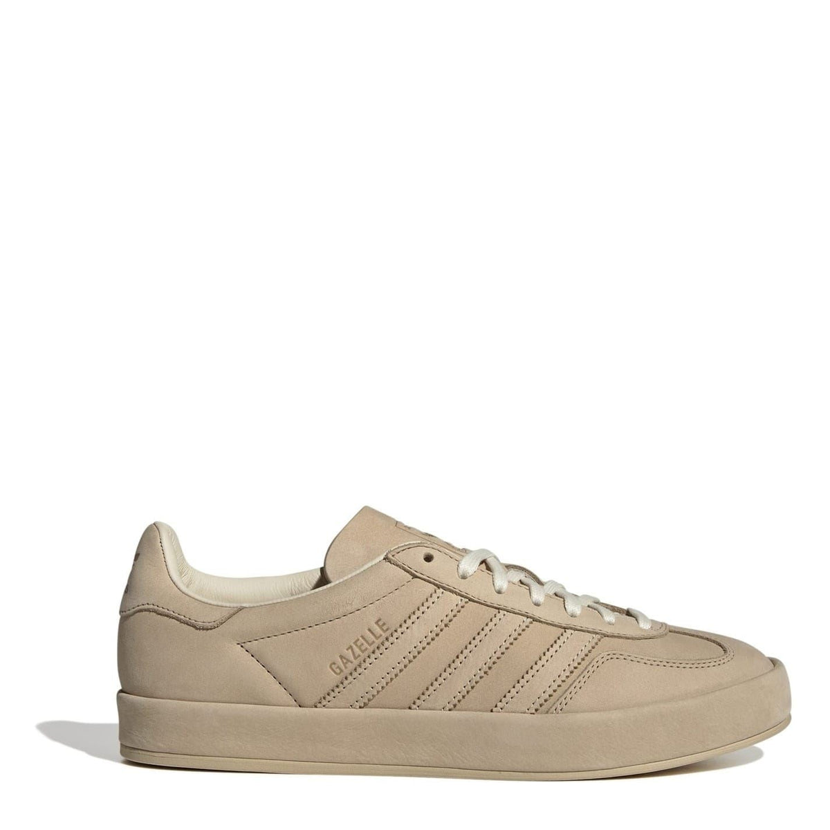 Beige suede lace-up low-top sneakers with Gazelle logo and three-stripe detail