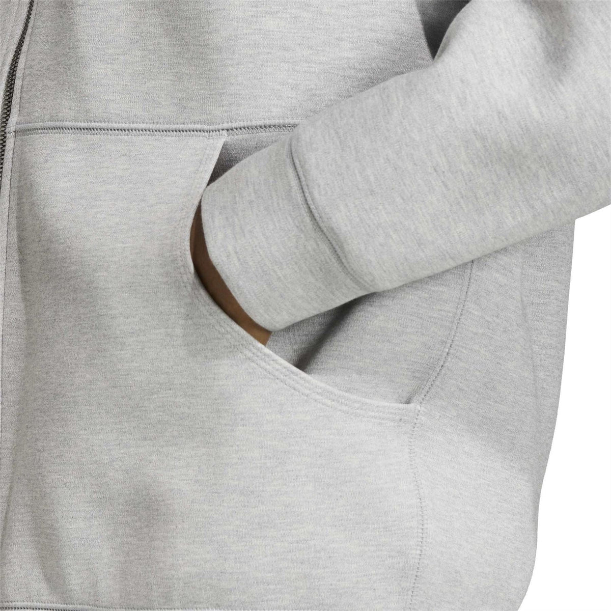 Grey heather hooded jacket close-up of front pocket and stitched zipper seam