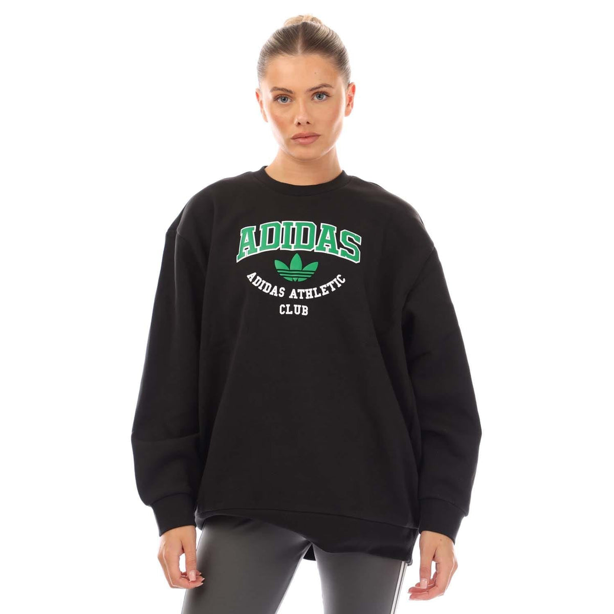 Black crewneck sweatshirt with green adidas athletic club logo print