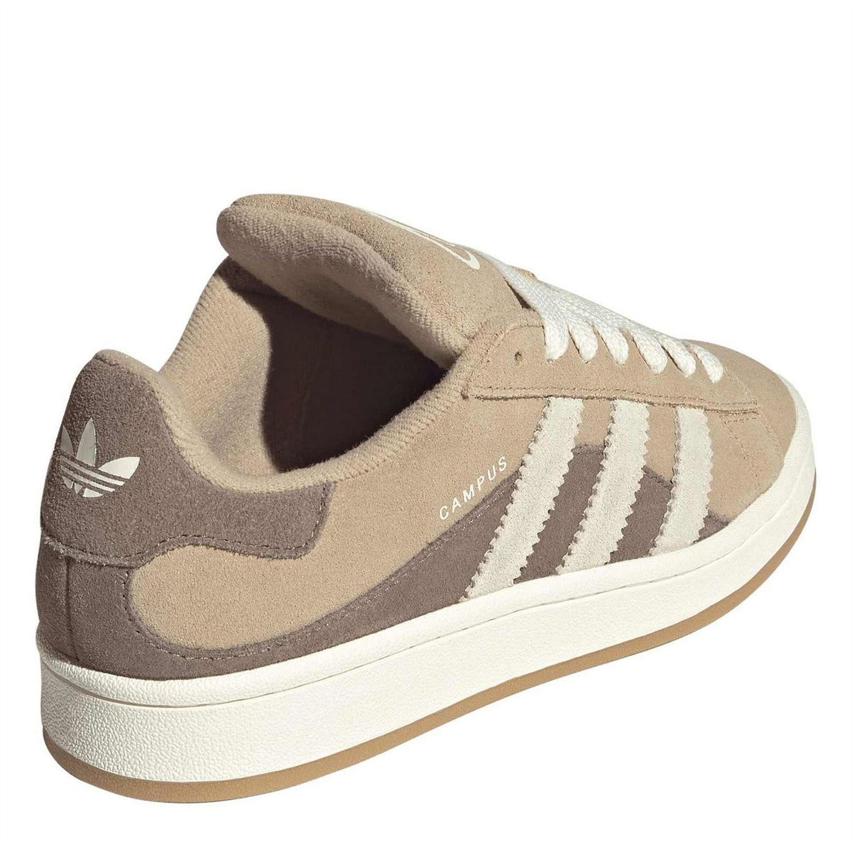 Heel and side view of tan suede low-top trainers with cushioned collar and white sole