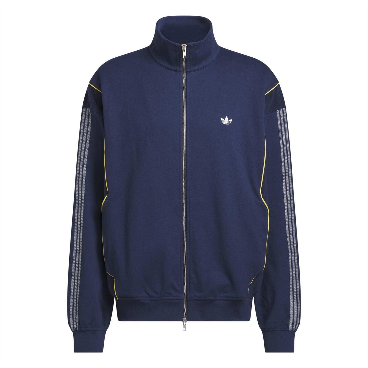adidas Originals tennis track jacket in dark blue with full zip, stand collar, striped sleeves