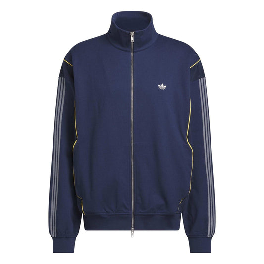 adidas Originals tennis track jacket in dark blue with full zip, stand collar, striped sleeves