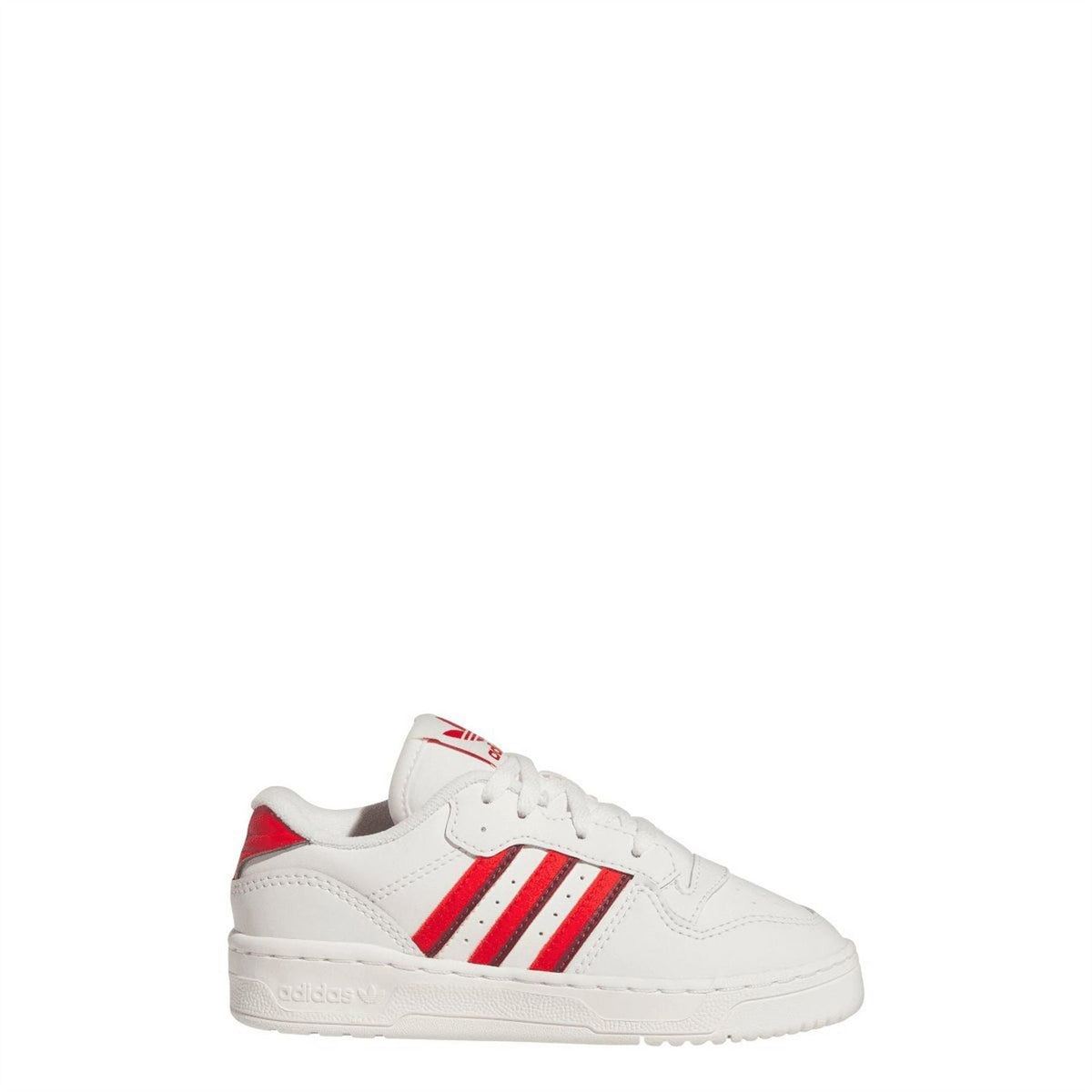 White lace-up trainers with red side stripes and small logo on tongue