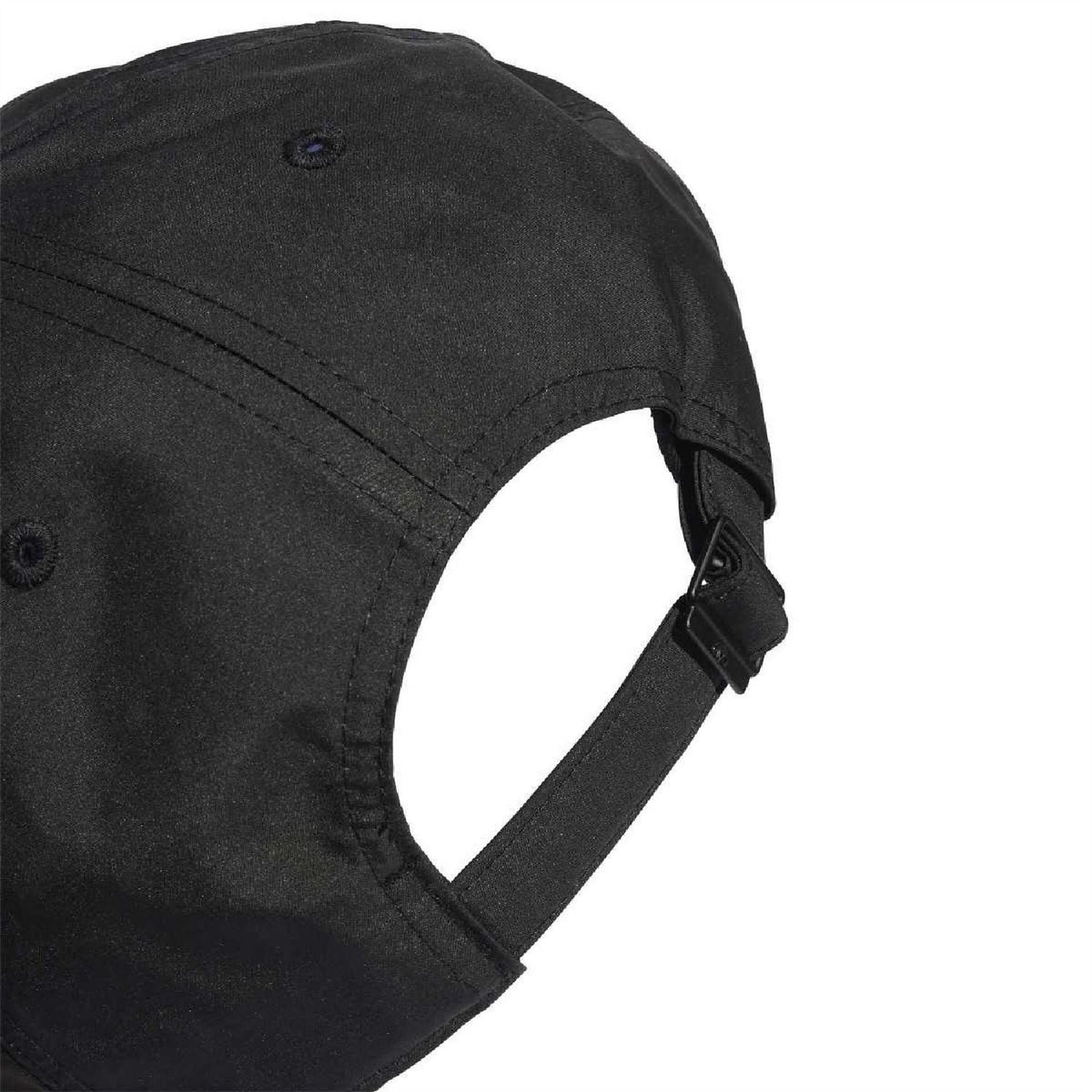 Black dad cap with adjustable back strap and metal buckle, six-panel design