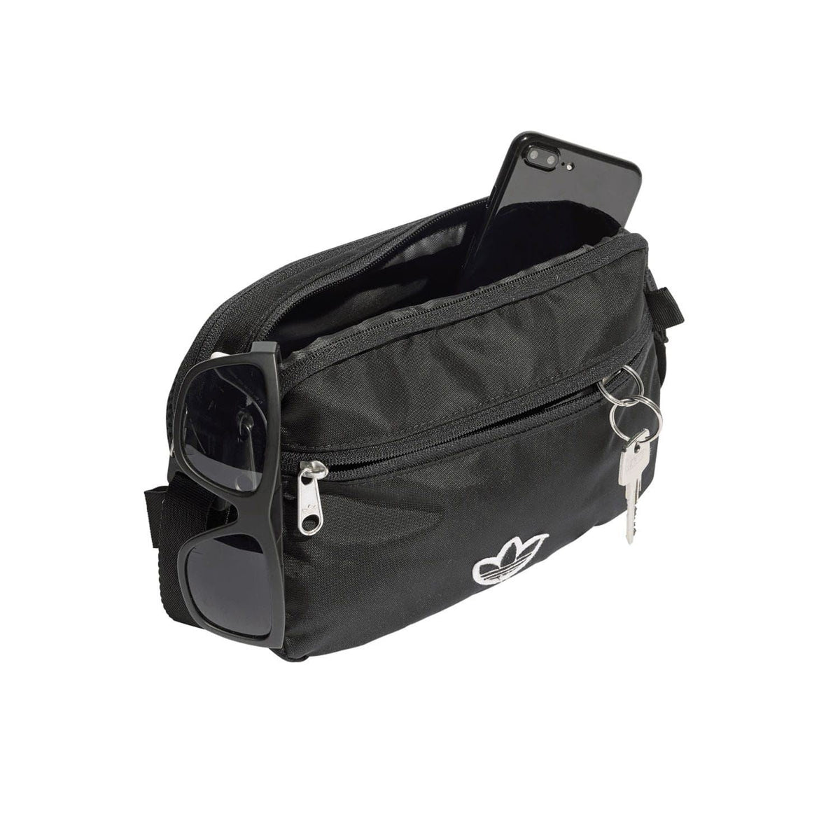 Black small adidas bag showing open pocket with trefoil logo and crossbody strap