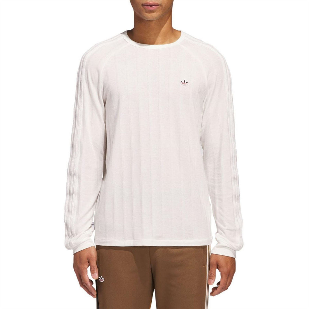 White long sleeve t-shirt with small adidas trefoil logo at chest