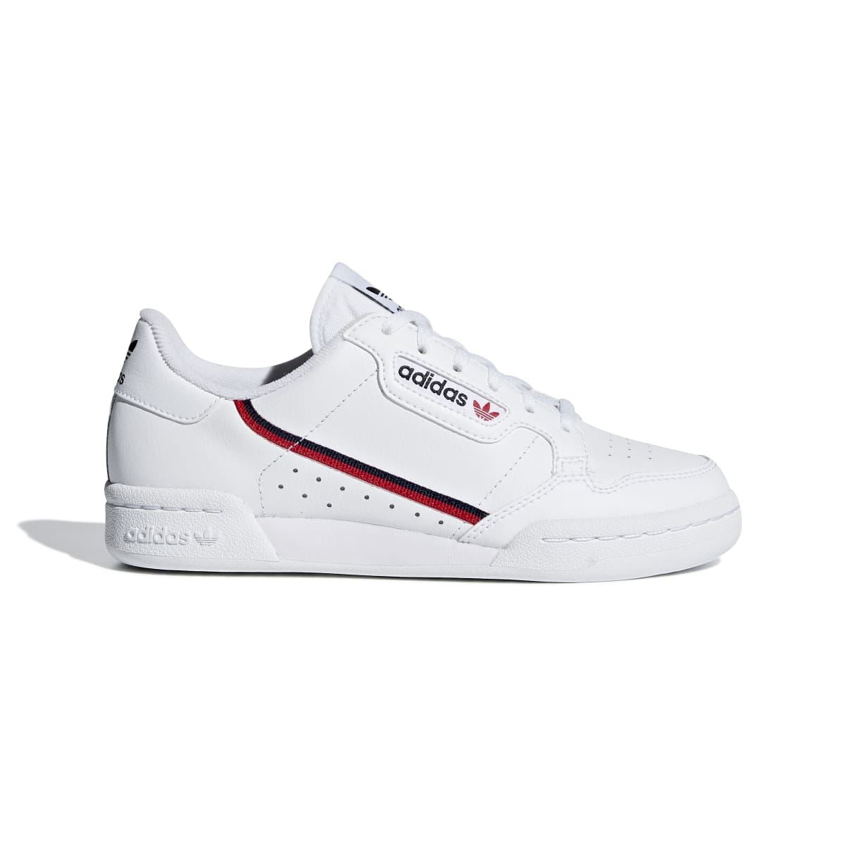 White juniors' Adidas Originals Continental 80 sneakers with red-and-navy side stripe.
