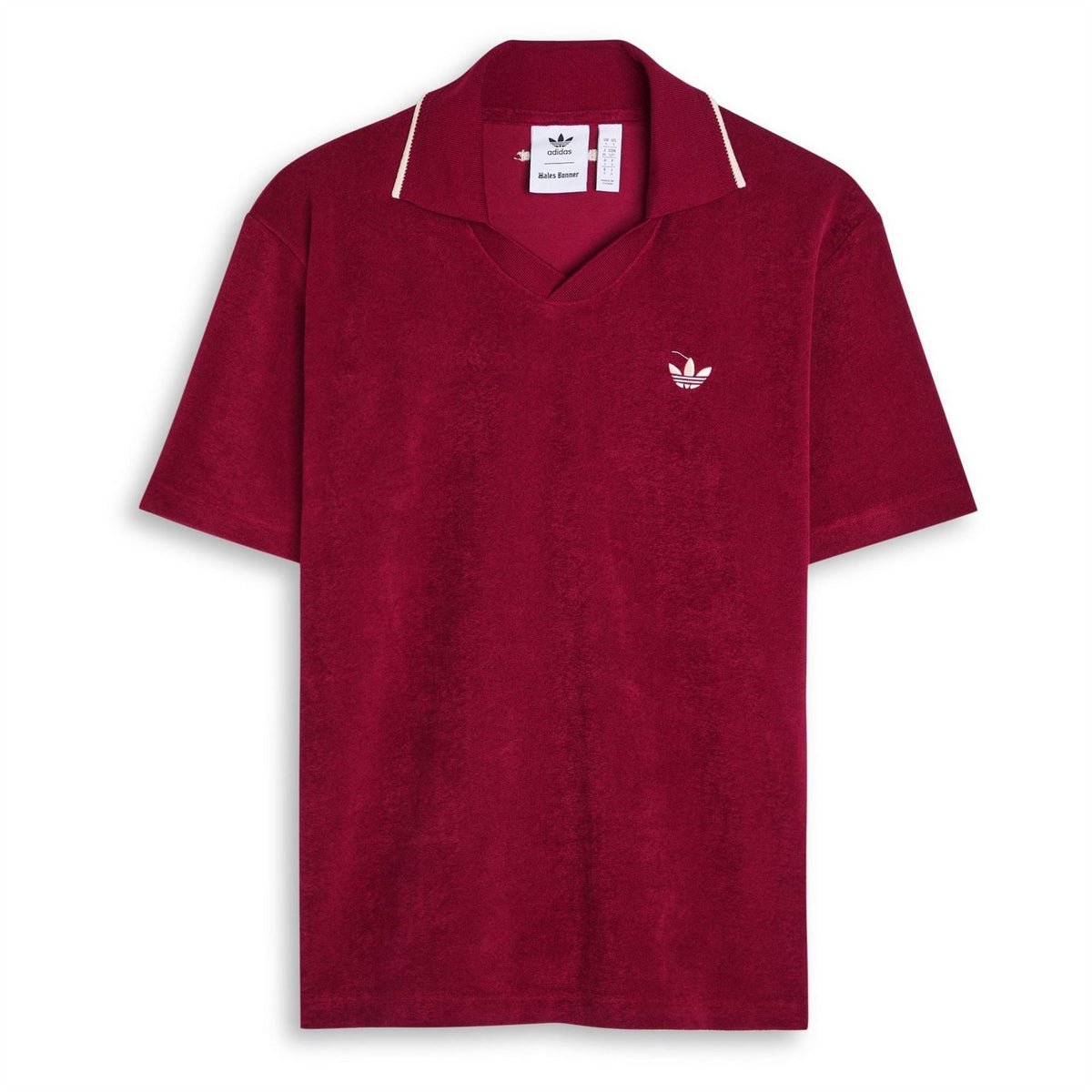 adidas Originals burgundy terry polo shirt with V-neck and small logo