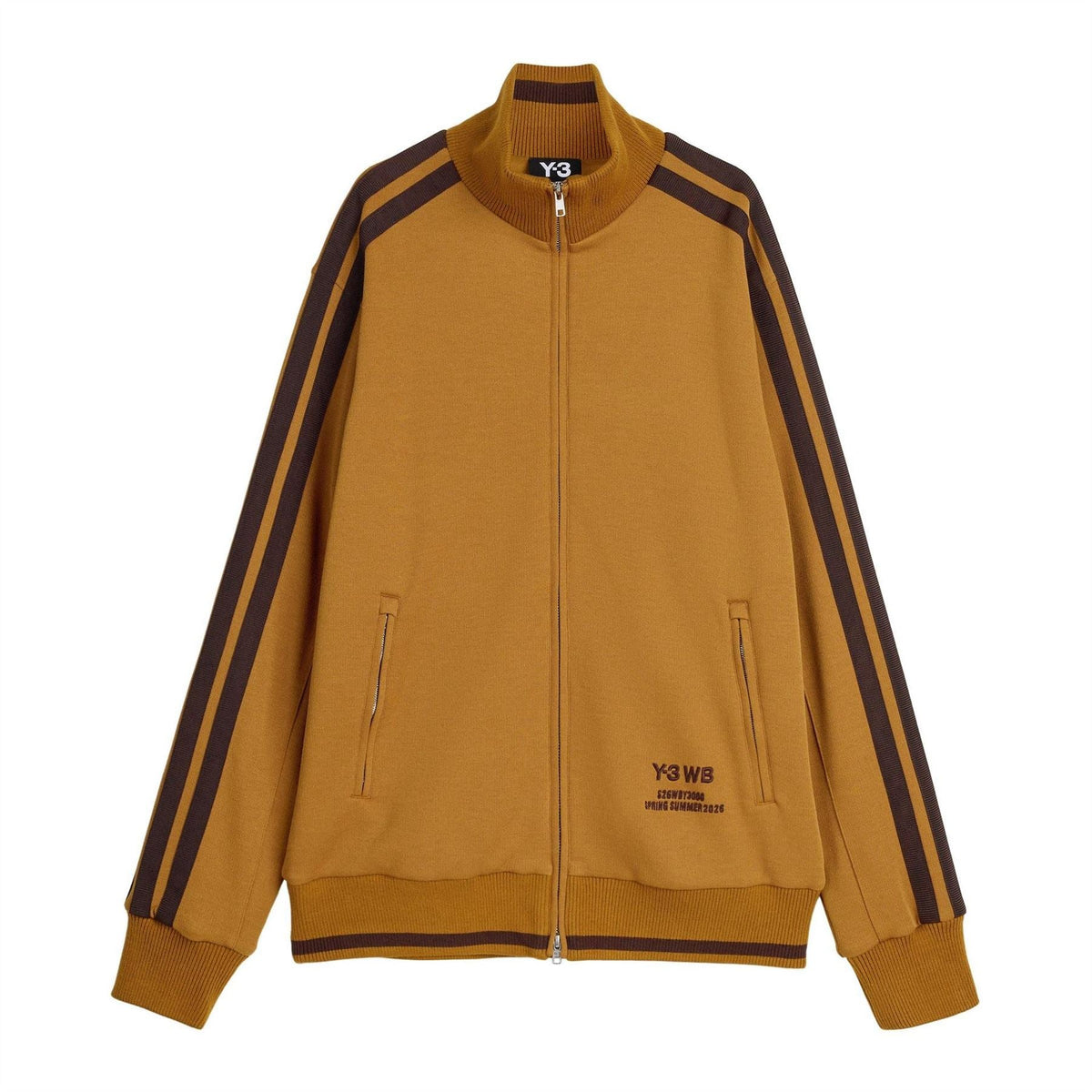 Men's track top, tan full-zip jacket with stand collar and dark sleeve stripe panels.