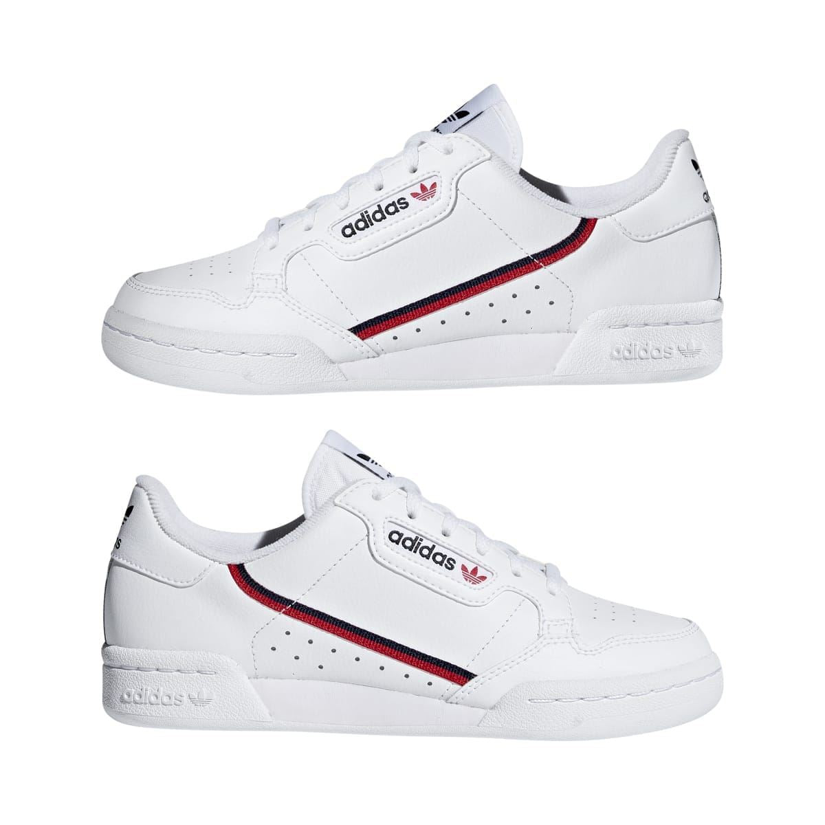 Kids' adidas Originals white low-top trainers with red/blue stripe and lace-up