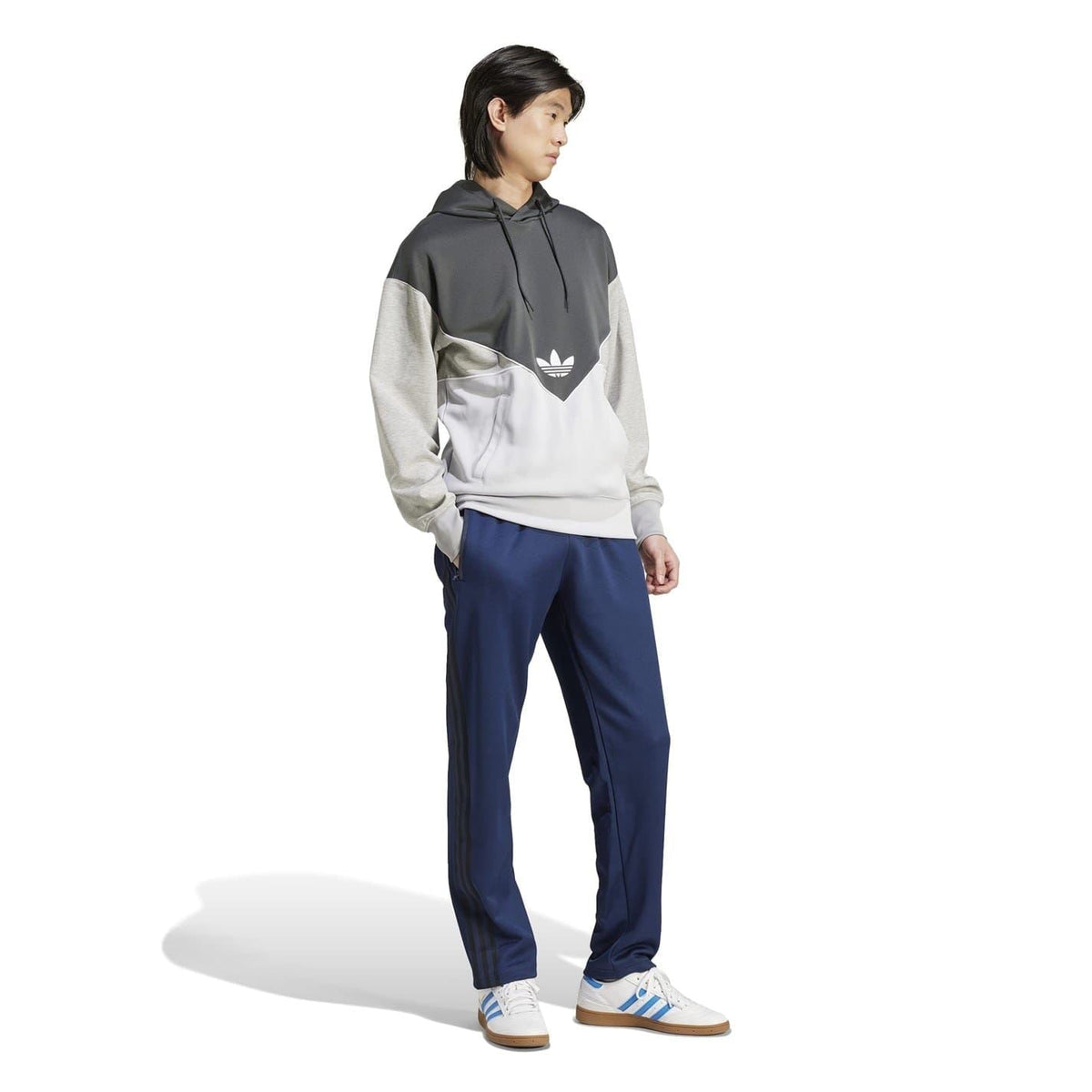 Navy blue straight joggers with side stripes and relaxed tapered shape