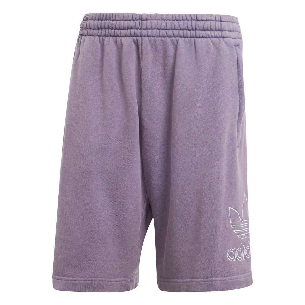Purple adidas bermuda sweat shorts with elastic waistband and side graphic logo